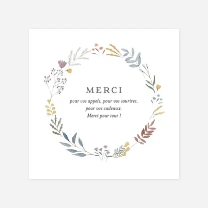 Carte remerciement naissance Aquarelle végétale