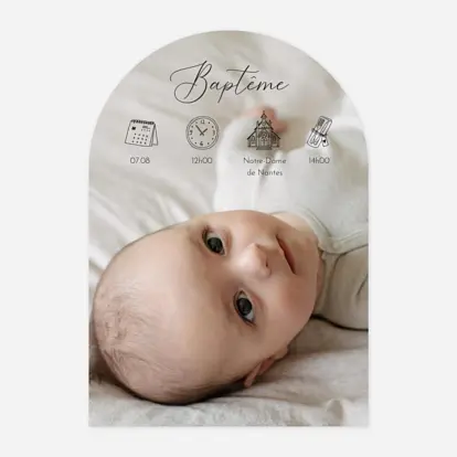 Faire-part baptême Calligraphie pictos