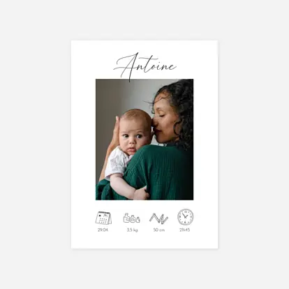 Faire-part naissance Calligraphie cadre et pictos
