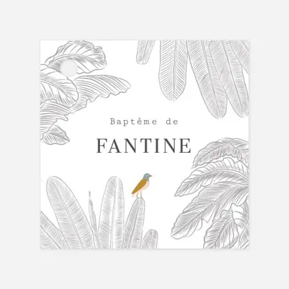Étiquette avec ruban baptême Oiseaux de paradis